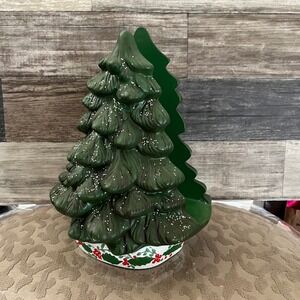 Vintage Holland Mold Ceramic Christmas Tree Napkin Holder Green Holly Berry 9in